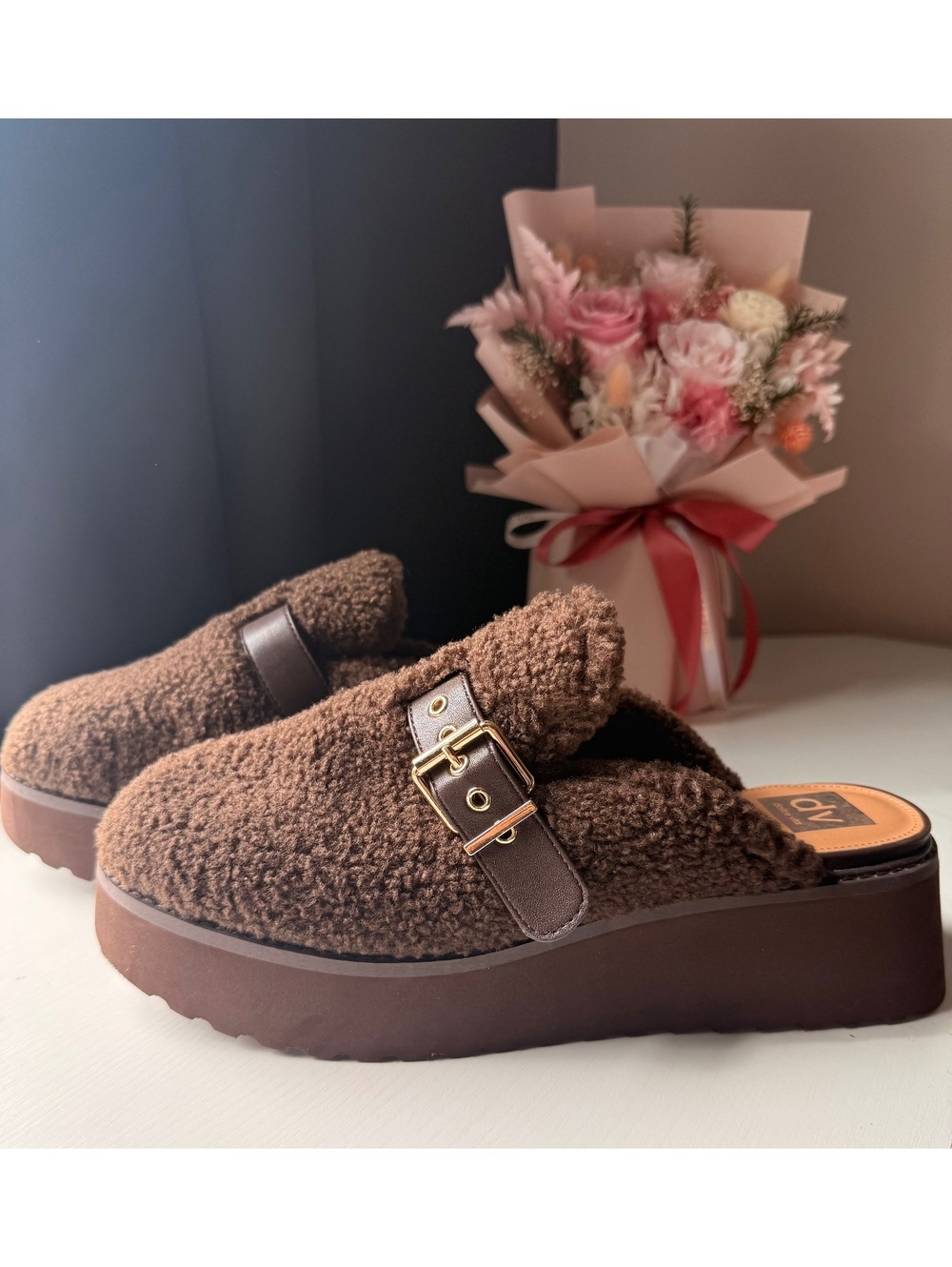 Dolce Vita Brown Teddy Faux Fur Platform Clog Mules Size 11